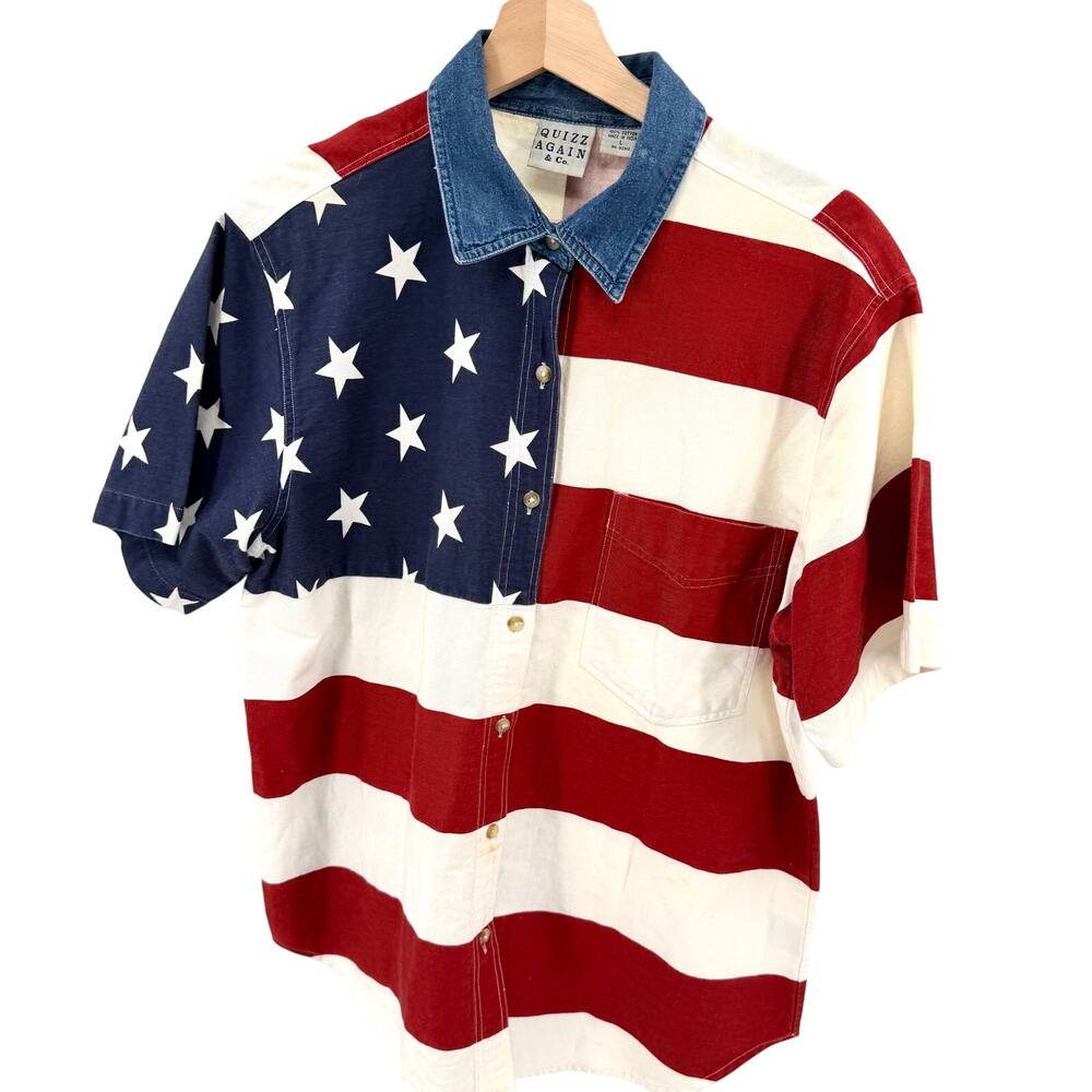 Vintage 90s Quizz Again Red White Blue 100% Cotton American Flag Shirt